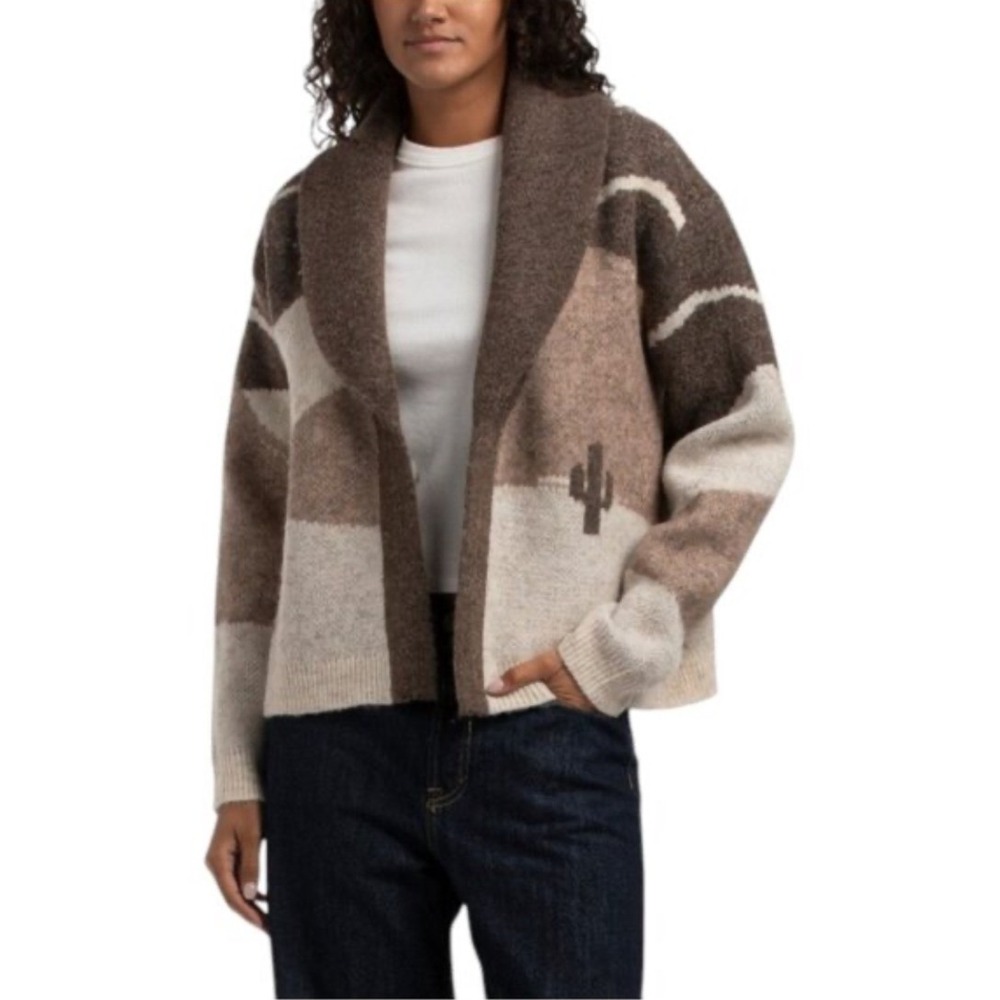 Lucky Brand Horse Shawl Cardigan Brown Tan Cactus Intarsia Sweater Sz Small